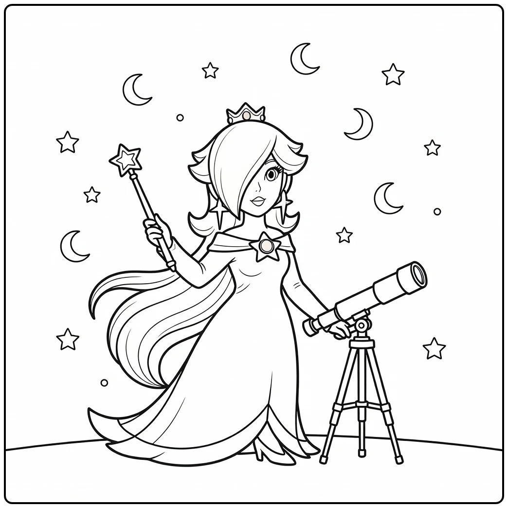 Mooie rosalina kleurplaat met een telescoop en sterren.