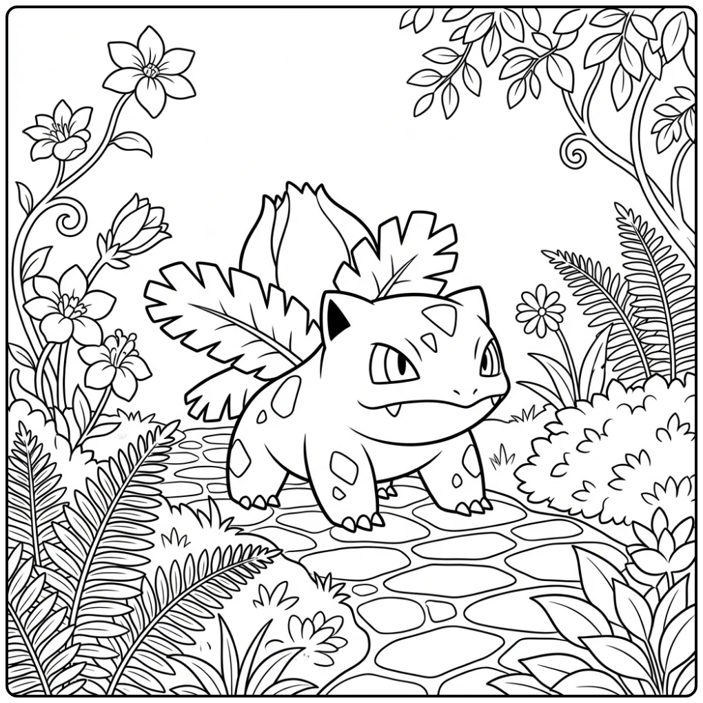 Een prachtige Ivysaur kleurplaat in een weelderige tuin.