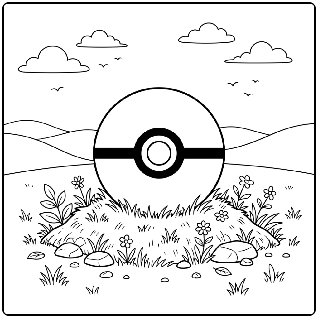 Klassieke pokemon bal kleurplaat op grasheuvel in simpel veld