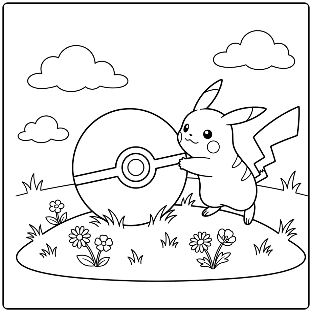 Pikachu en een klassieke pokemon bal kleurplaat op een heuvel.
