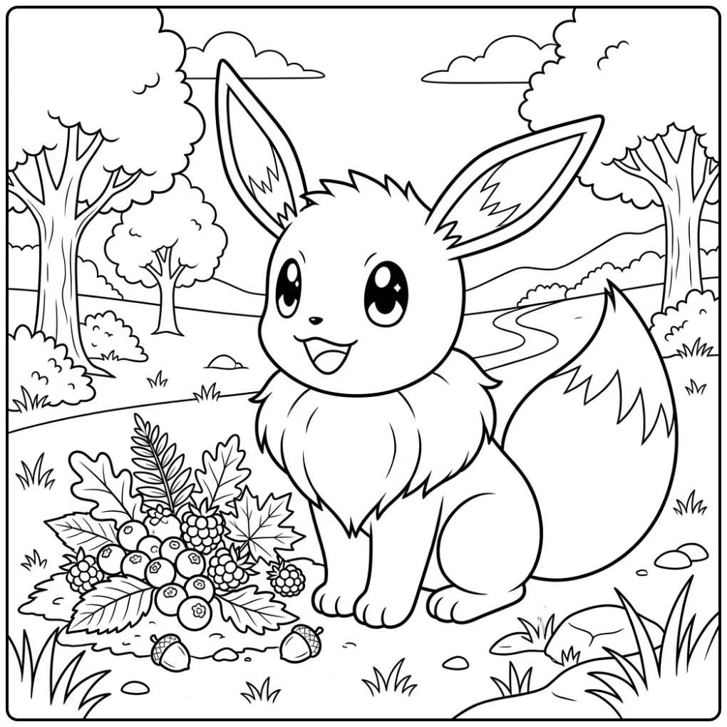 Schattige eevee kleurplaat bij bessen en bladeren, vol nieuwsgierigheid