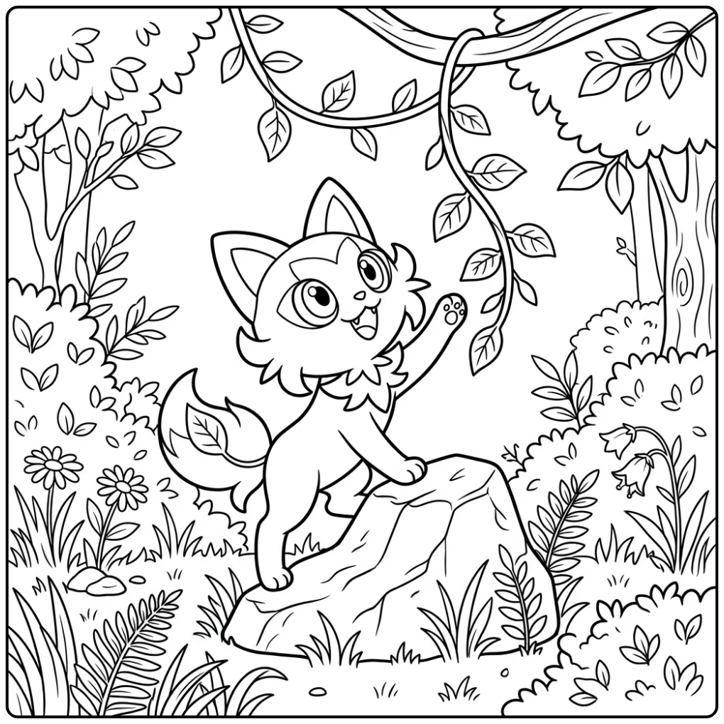 Speelse kleurplaat pokemon sprigatito op rots bij klimplant