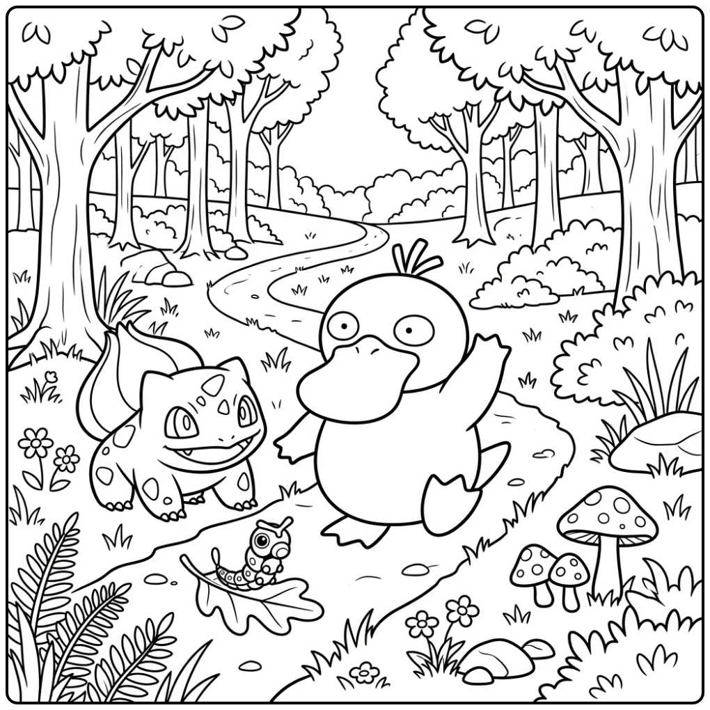 Avontuurlijke psyduck kleurplaat met Pokémon vrienden in het bos.