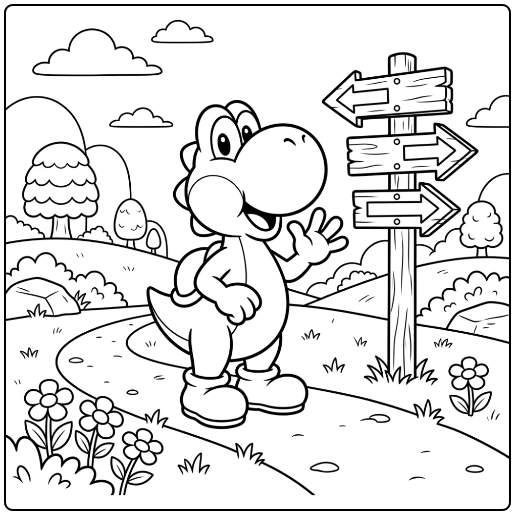 Yoshi kleurplaat met Yoshi bij een wegwijzer vol avontuurlijke pijlen.