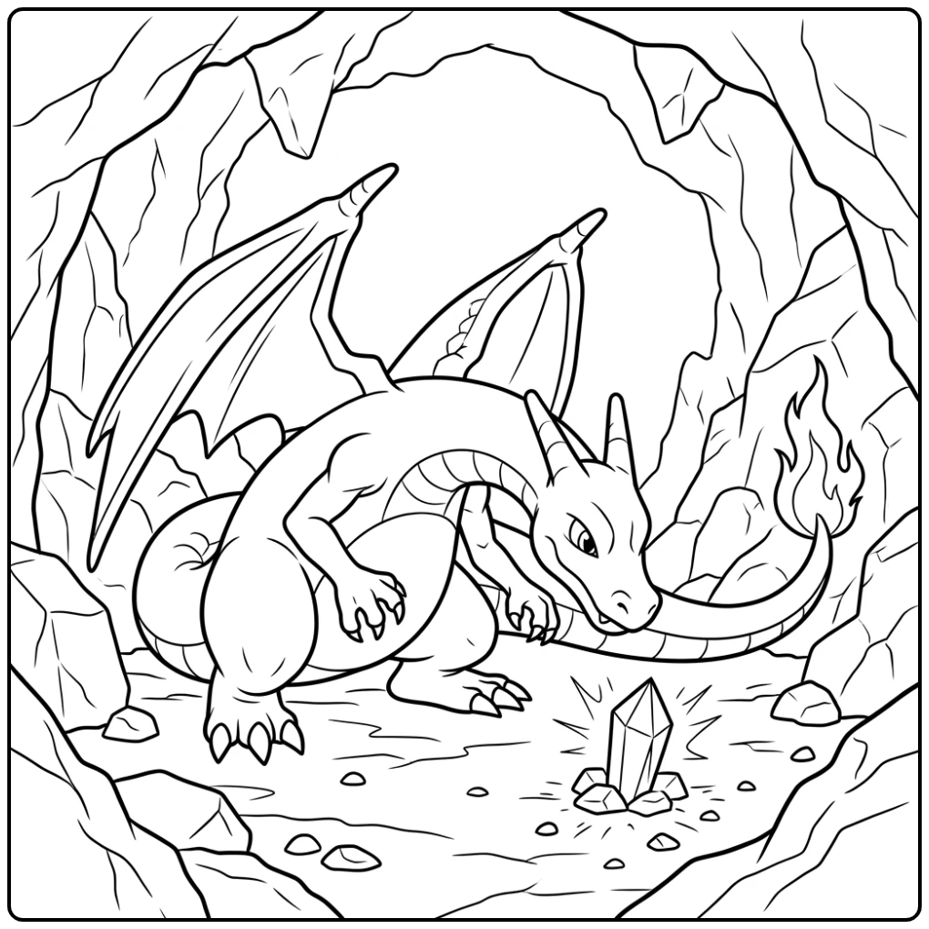 Charizard kleurplaat: nieuwsgierige Charizard onderzoekt een gloeiende kristal.