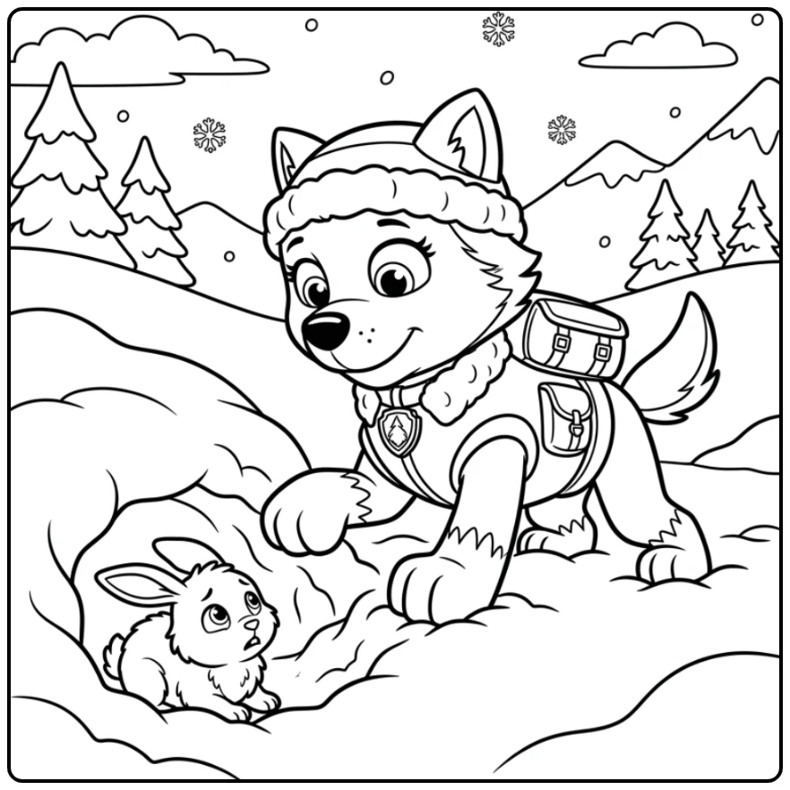 Everest redt een dier uit de sneeuw op deze everest paw patrol kleurplaat