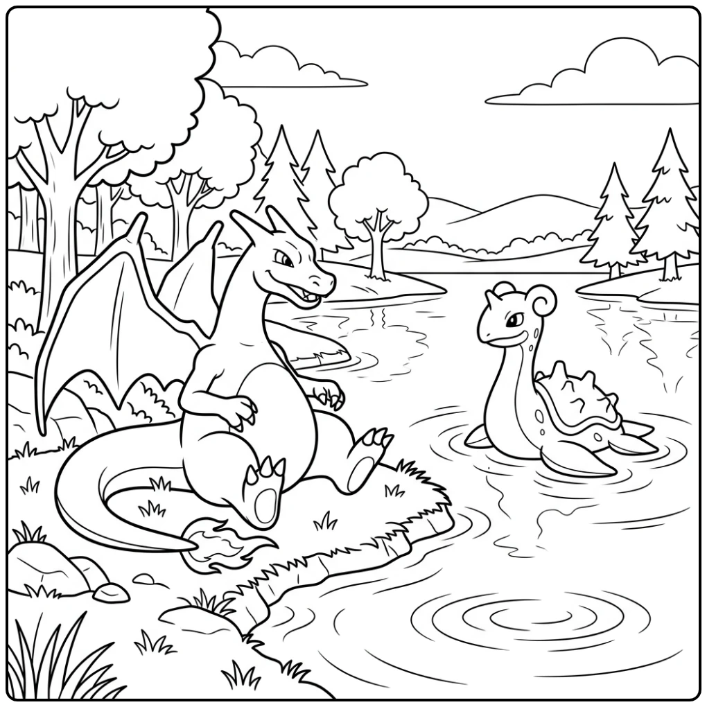 Vriendelijke charizard kleurplaat aan het meer met zwemmende Lapras.