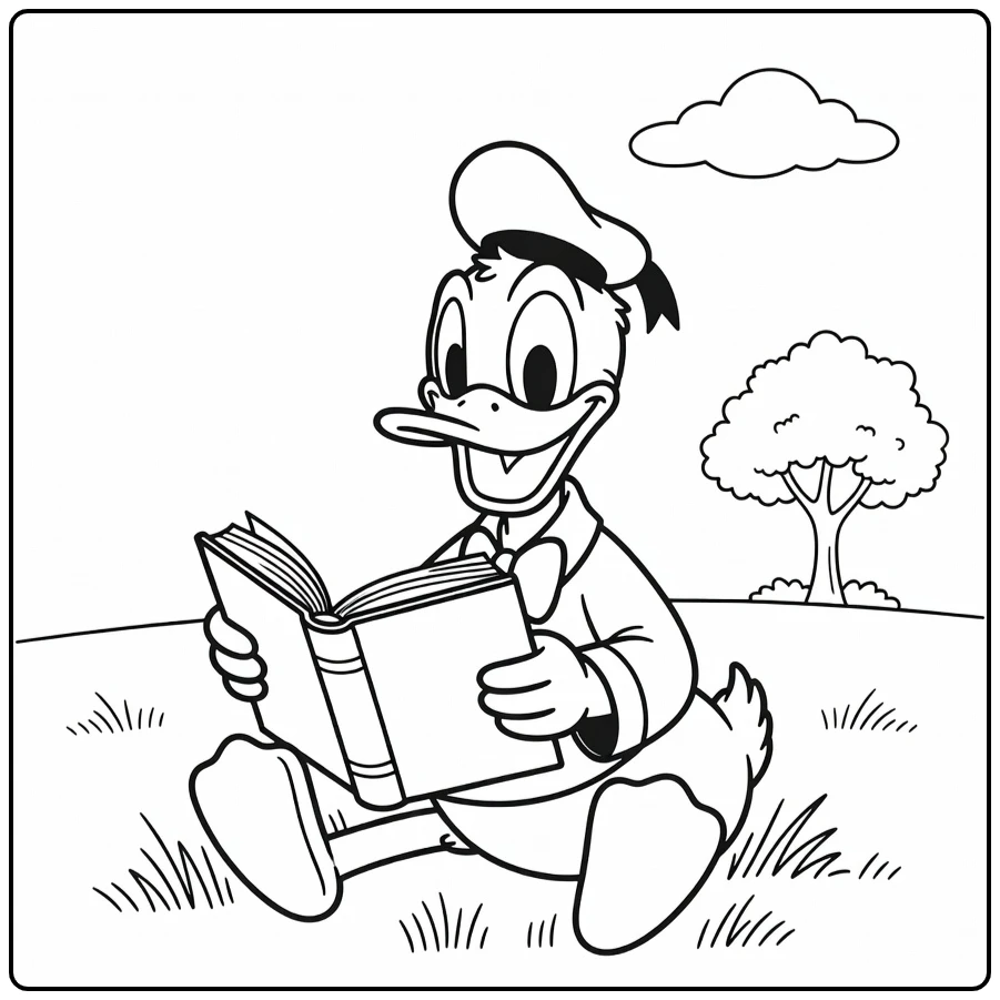 Donald Duck kleurplaat makkelijk: Donald leest ontspannen in het gras.