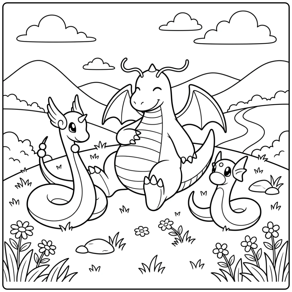 Vrolijke dragonite kleurplaat met Dratini en Dragonair op een heuvel.