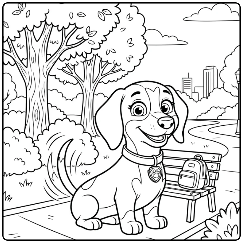 Kleurplaat Paw Patrol Liberty zit vrolijk bij een bankje in het park.