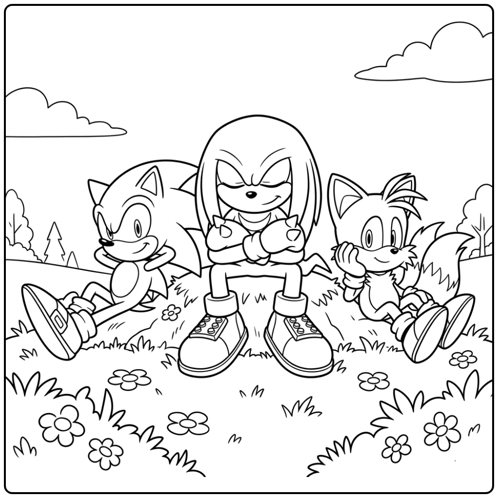 knuckles kleurplaat: Vrienden rusten uit na spannend avontuur