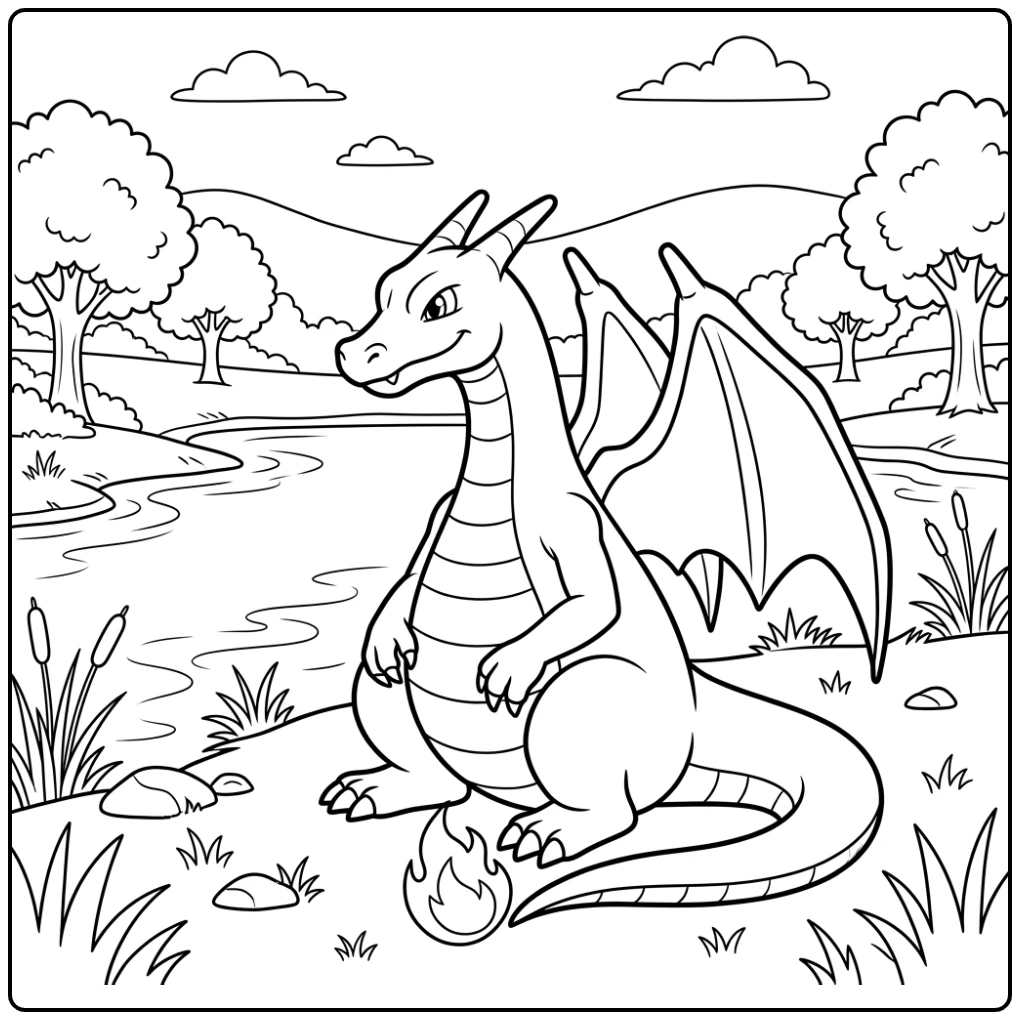 Rustige pokemon kleurplaat charizard x aan een vredig meer