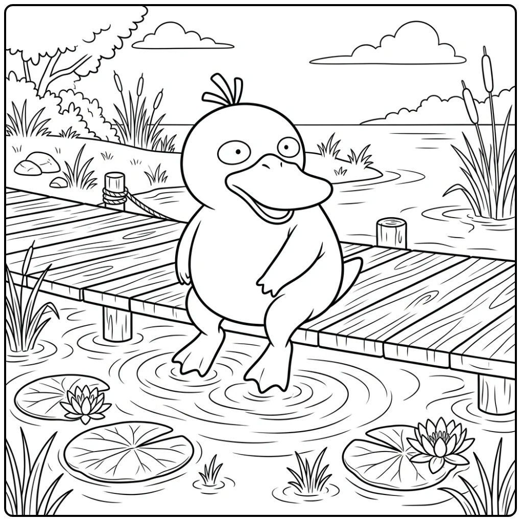 Psyduck kleurplaat: schattig eendje op houten dok bij water en leliebladen.