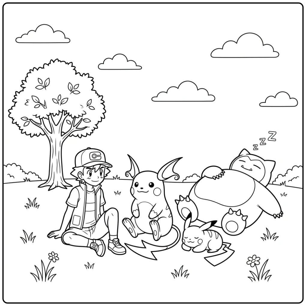 Rustige raichu kleurplaat van Raichu en vrienden in het park.