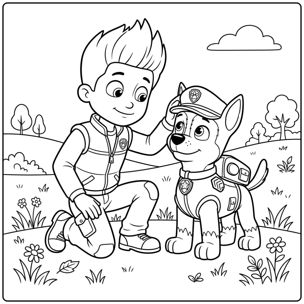 Ryder aait Chase op een zonnige ryder paw patrol kleurplaat voor kids.