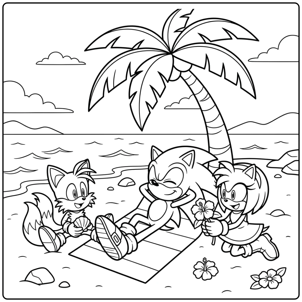 Sonic kleurplaat van Sonic, Tails en Amy op een eiland ontspannen