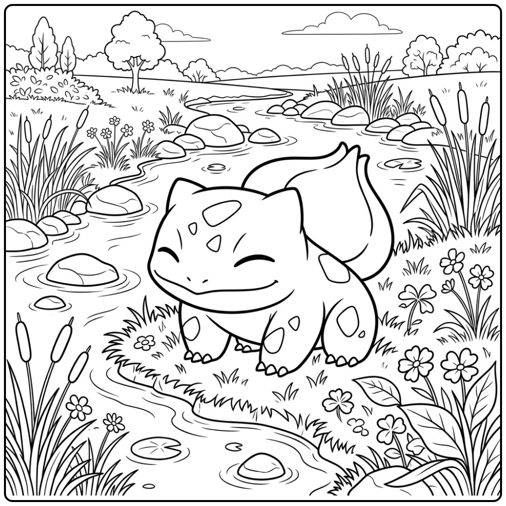 Leuke bulbasaur kleurplaat bij een kabbelend beekje.