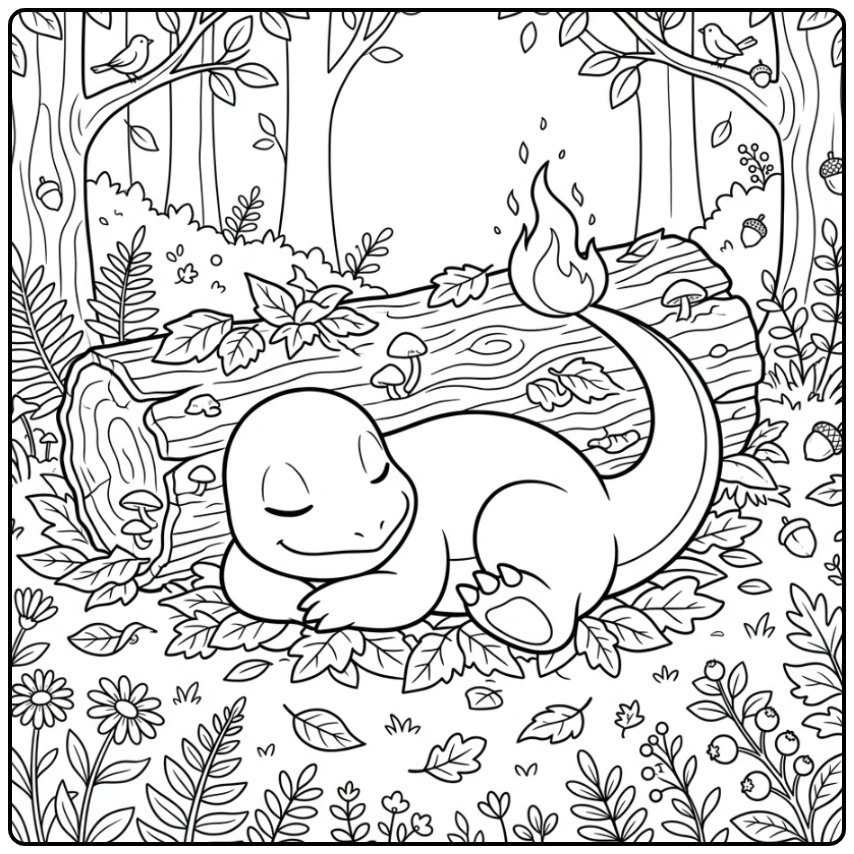 Een gezellige charmander kleurplaat bij een omgevallen boom.