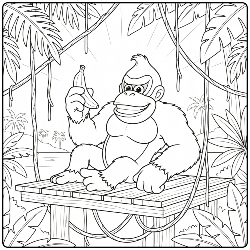 Een vrolijke donkey kong kleurplaat met banaan in de jungle.