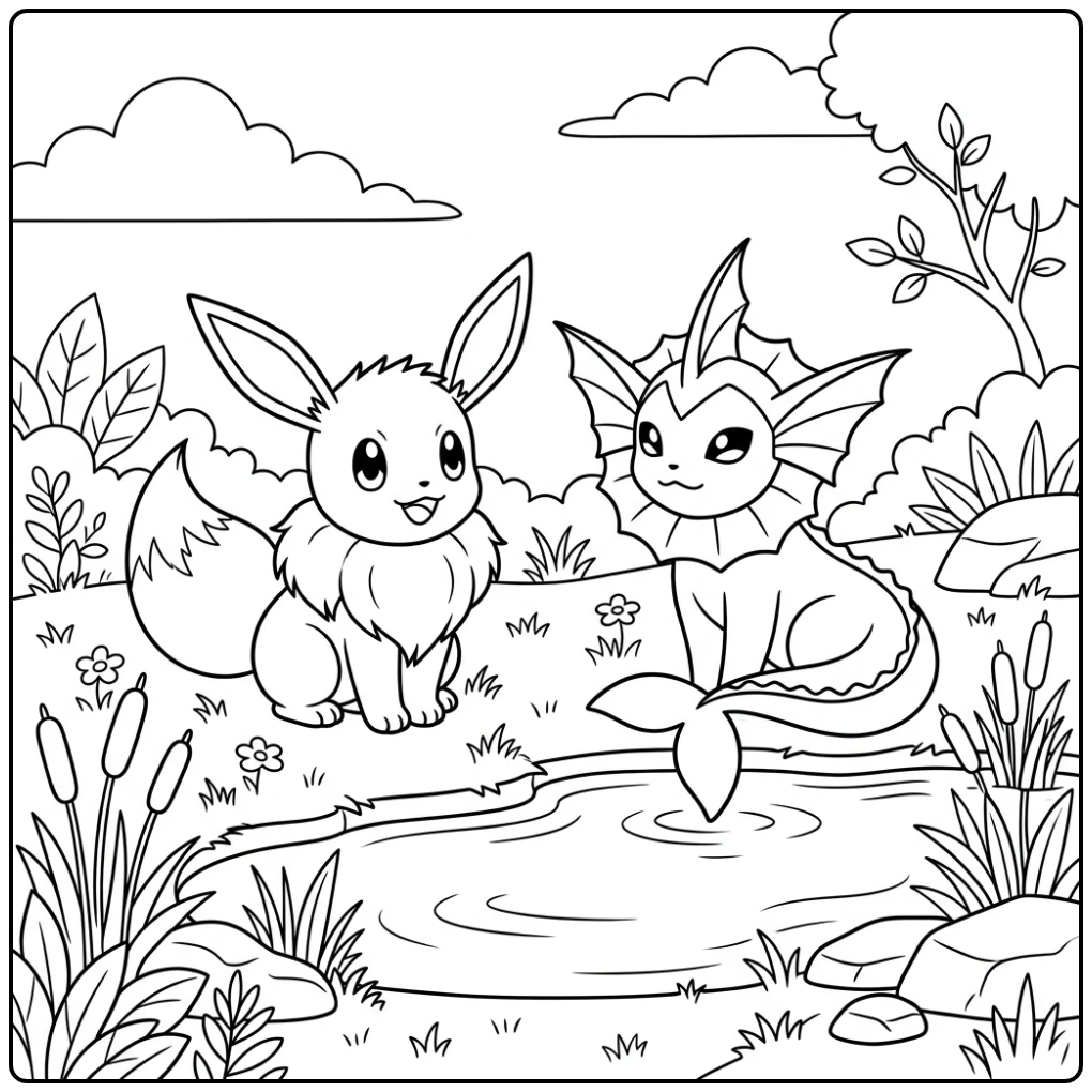 Schattige eevee kleurplaat met Eevee en Vaporeon bij een serene vijver.