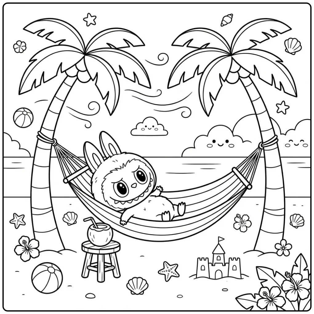 Tropische kleurplaat labubu zomer met kokosnoot en palmbomen.