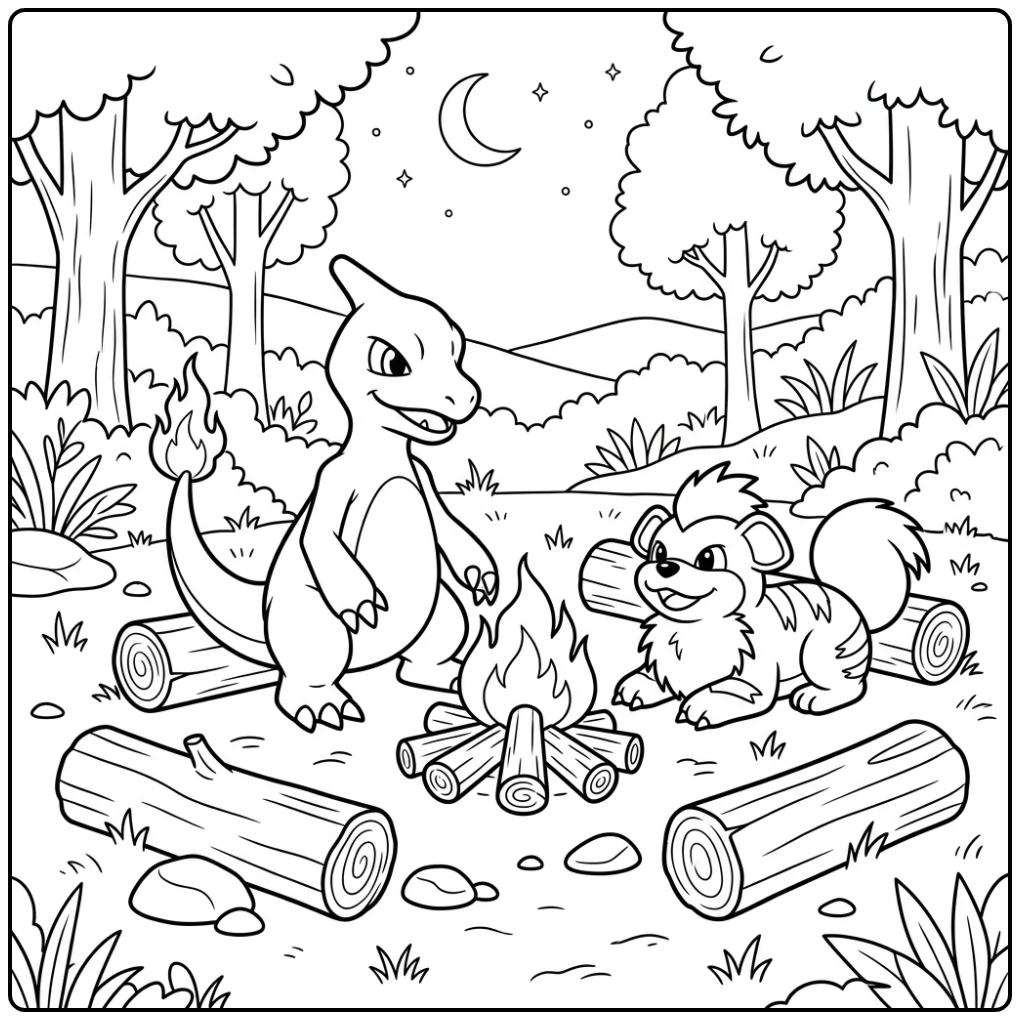 Kleurplaat pokemon charmeleon bij kampvuur met een slapende Growlithe