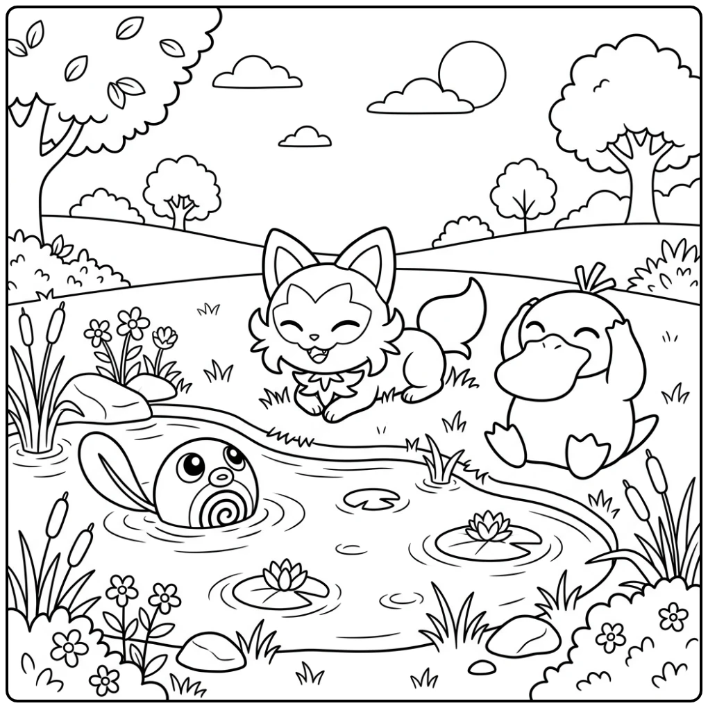 Vredige kleurplaat pokemon sprigatito bij de vijver met vrienden