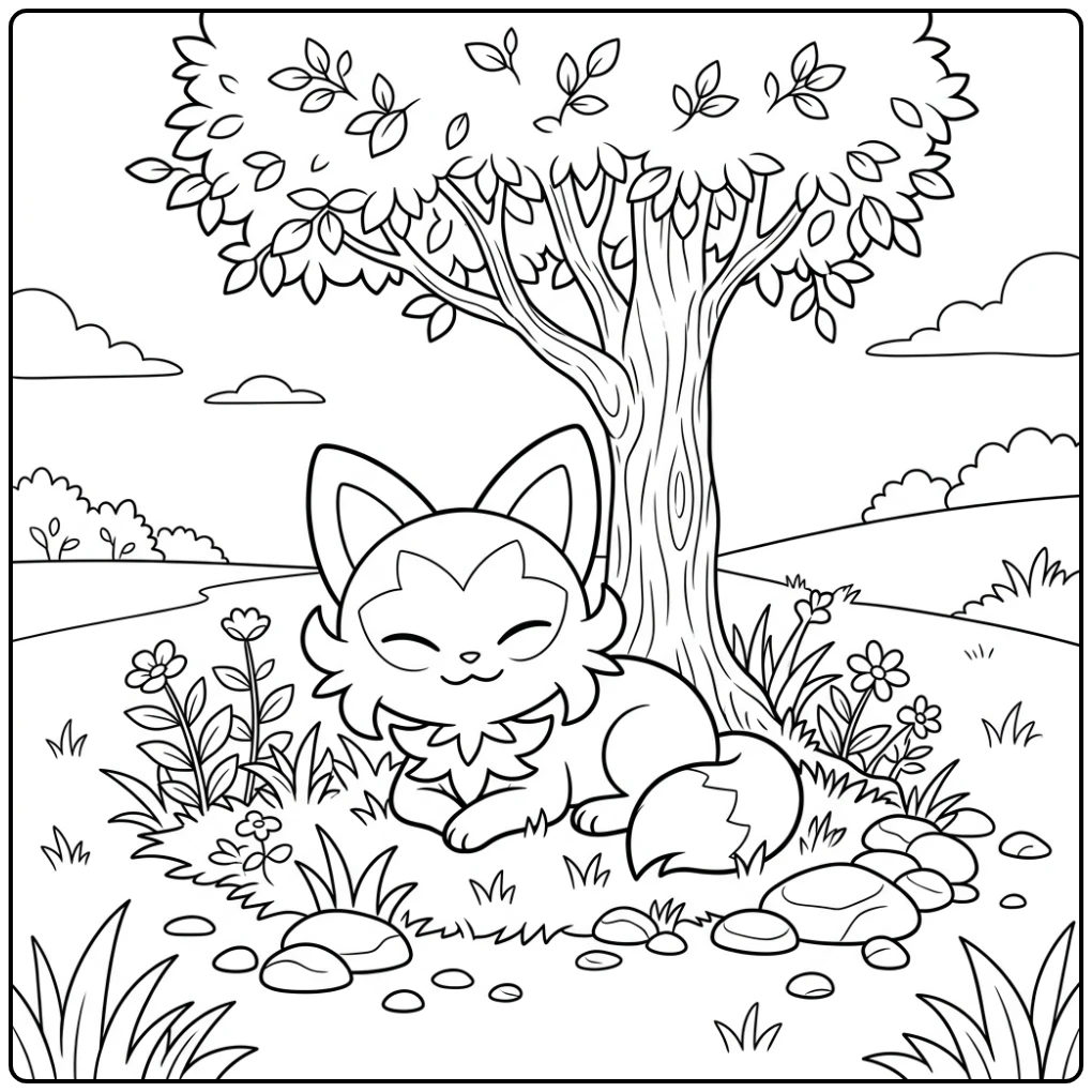 kleurplaat pokemon sprigatito, rustend onder een boom in de natuur