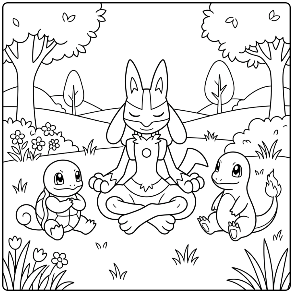 Vreedzame lucario kleurplaat meditatie met vrienden Pokémon