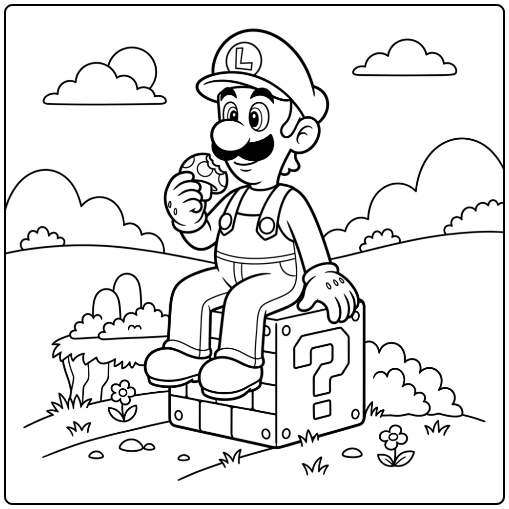 Luigi op een blok een paddenstoel etend, een serene luigi kleurplaat.