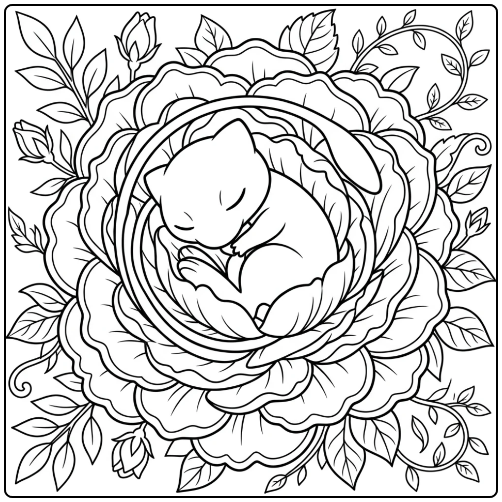 Schattige mew kleurplaat in een bloeiende grote bloem.