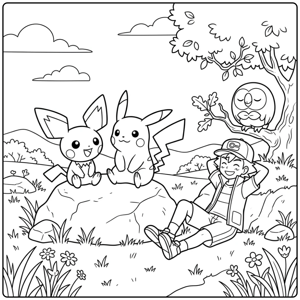 Leuke kleurplaat pichu op een rots met Pikachu en Satoshi.