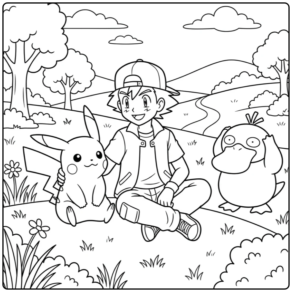 Leuke pikachu kleurplaat met Satoshi en een verwarde Psyduck.
