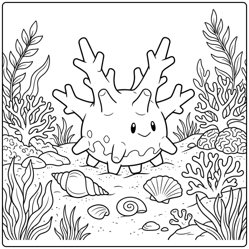 Leuke Pokemon Corsola kleurplaat op de zeebodem.