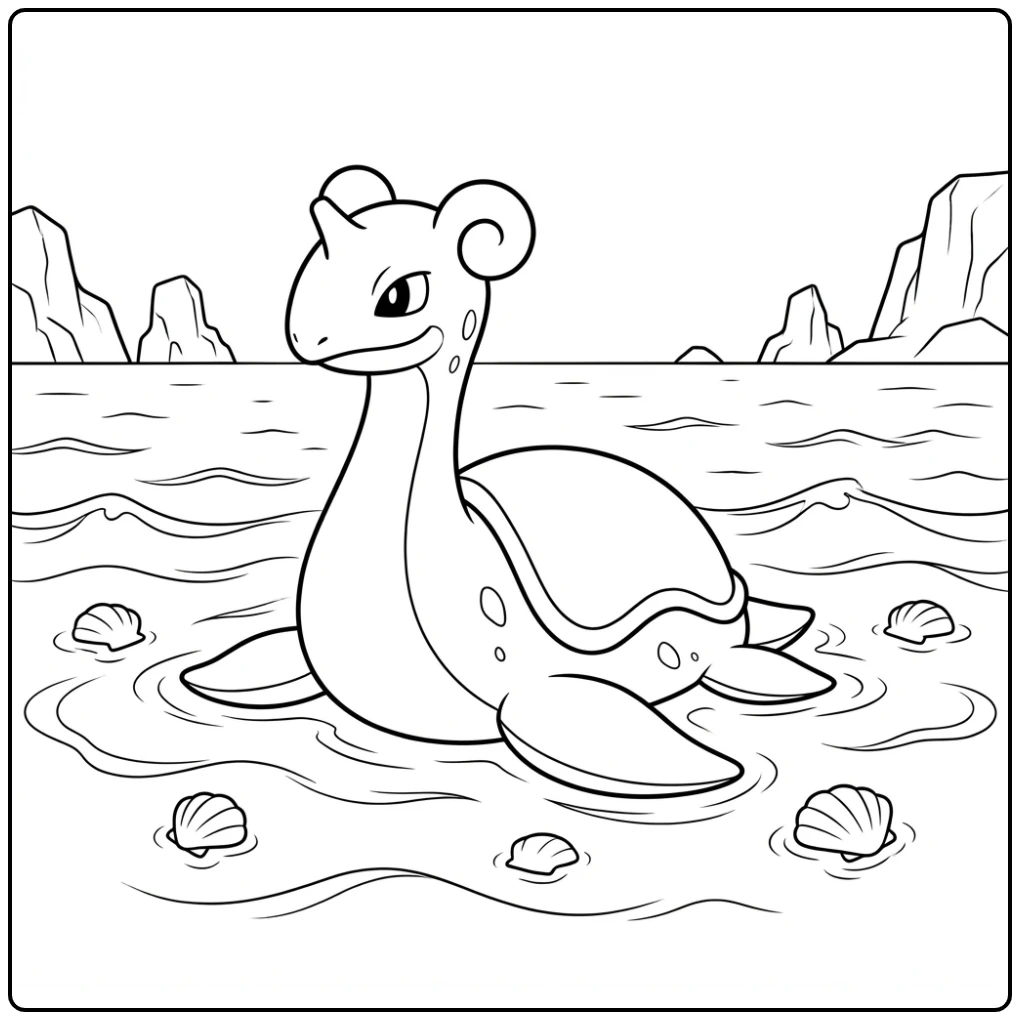 Prachtige Pokemon Lapras kleurplaat zwemmend in de zee.