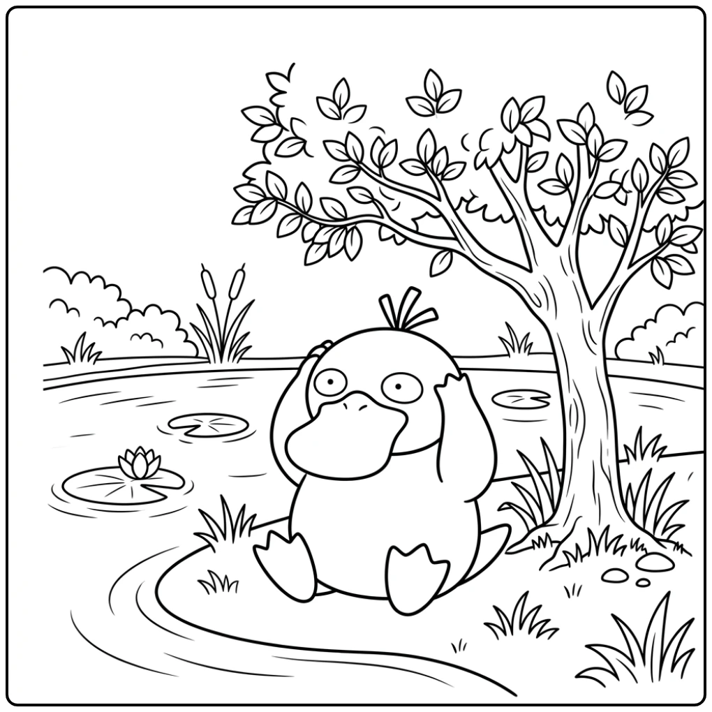 Rustige Psyduck kleurplaat bij vijver, houdt zijn hoofd vast.