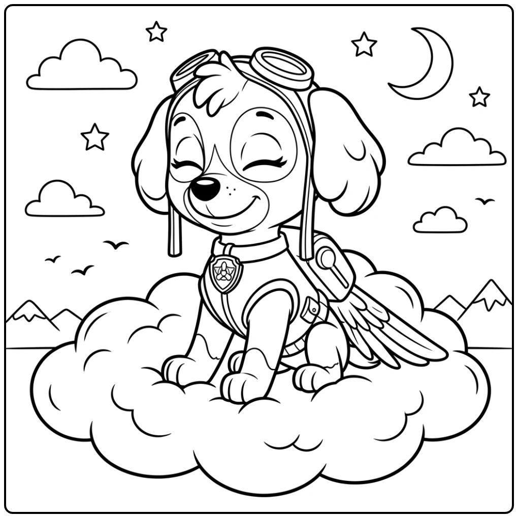 Skye Paw Patrol kleurplaat: Skye rust op wolk na missie, vleugels gevouwen.