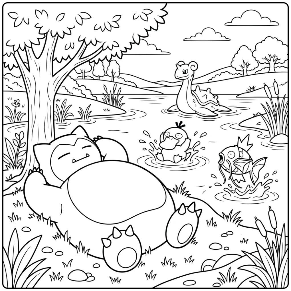 Snorlax kleurplaat: Relaxen aan een kalm meer met Psyduck en Lapras.