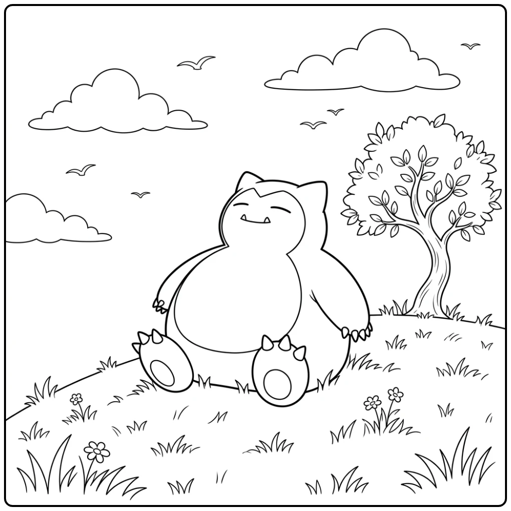Rustige snorlax kleurplaat van Snorlax op een heuvel onder de wolken.