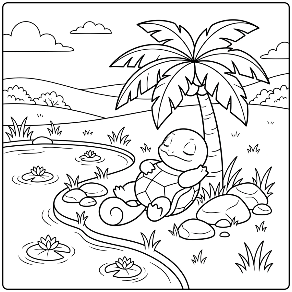 Rustige squirtle kleurplaat onder een palmboom bij de vijver