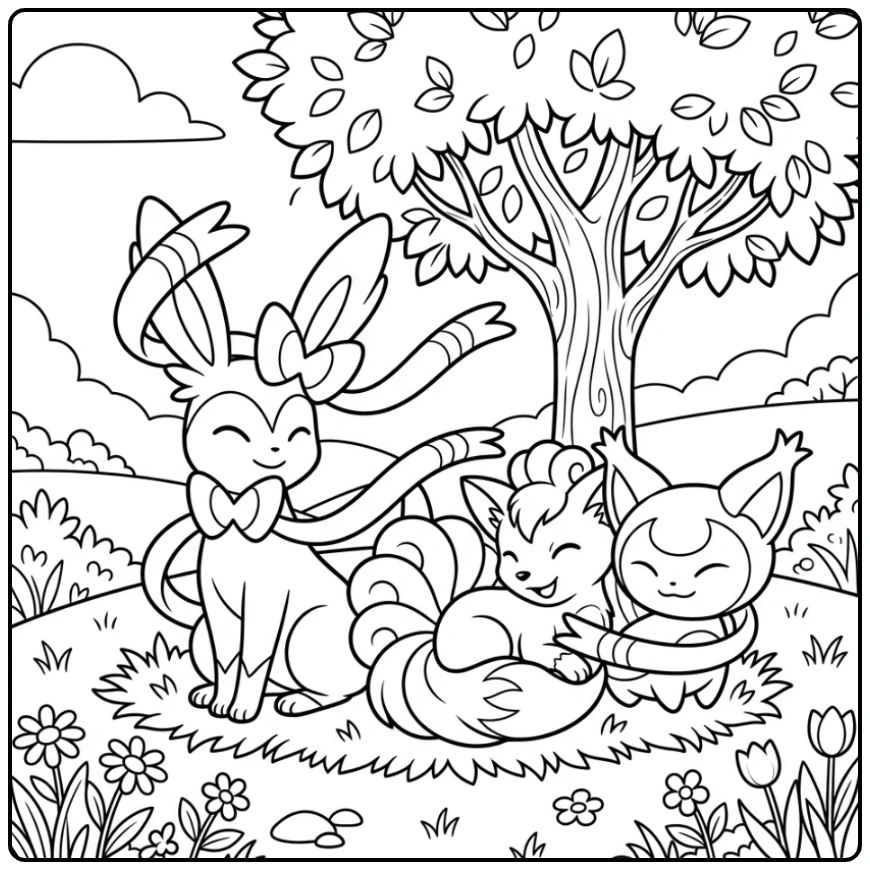 Leuke sylveon kleurplaat met Vulpix en Skitty bij een boom.