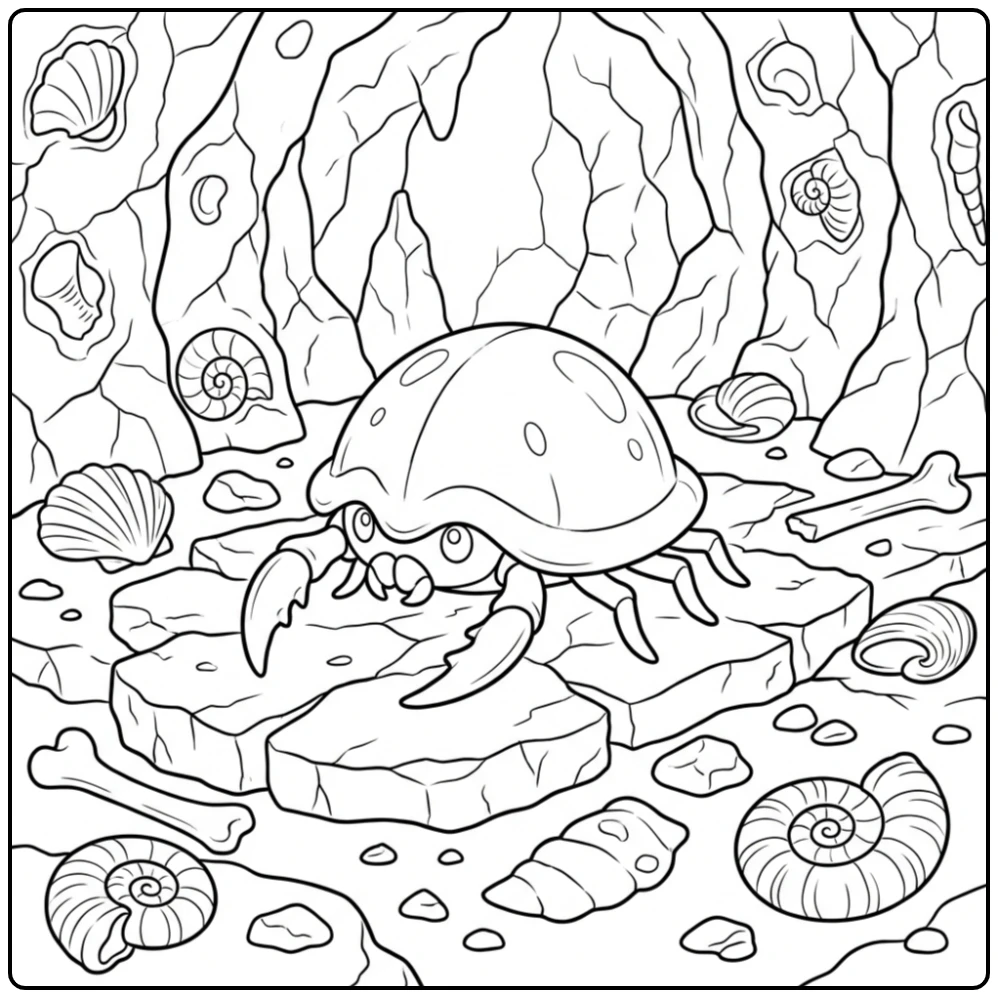 Pokemon Kabuto kleurplaat in een oude stenen grot.