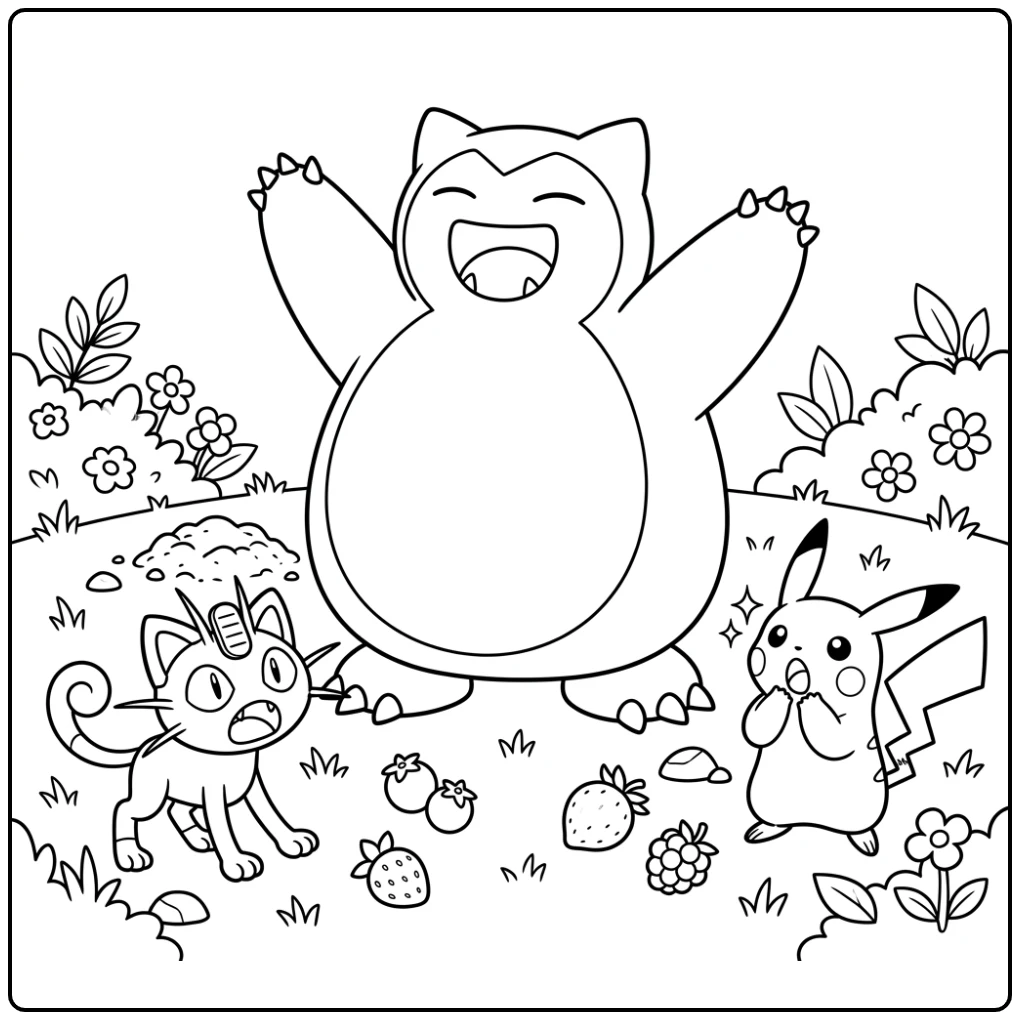 Levendige snorlax kleurplaat: Snorlax strekt zich uit, verraste Pokémon.