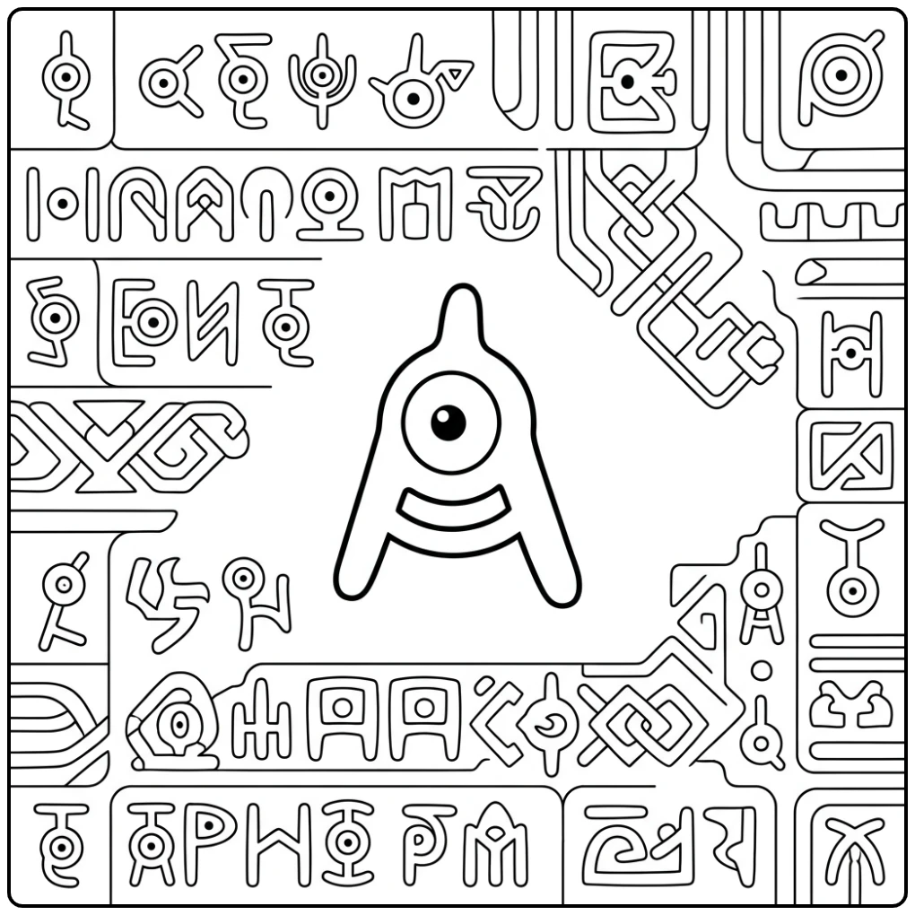 Mysterieuze Pokemon Unown kleurplaat met stenen symbolen.