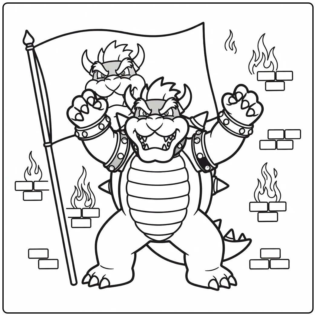 Victorious bowser kleurplaat met vlag en kasteelstenen.