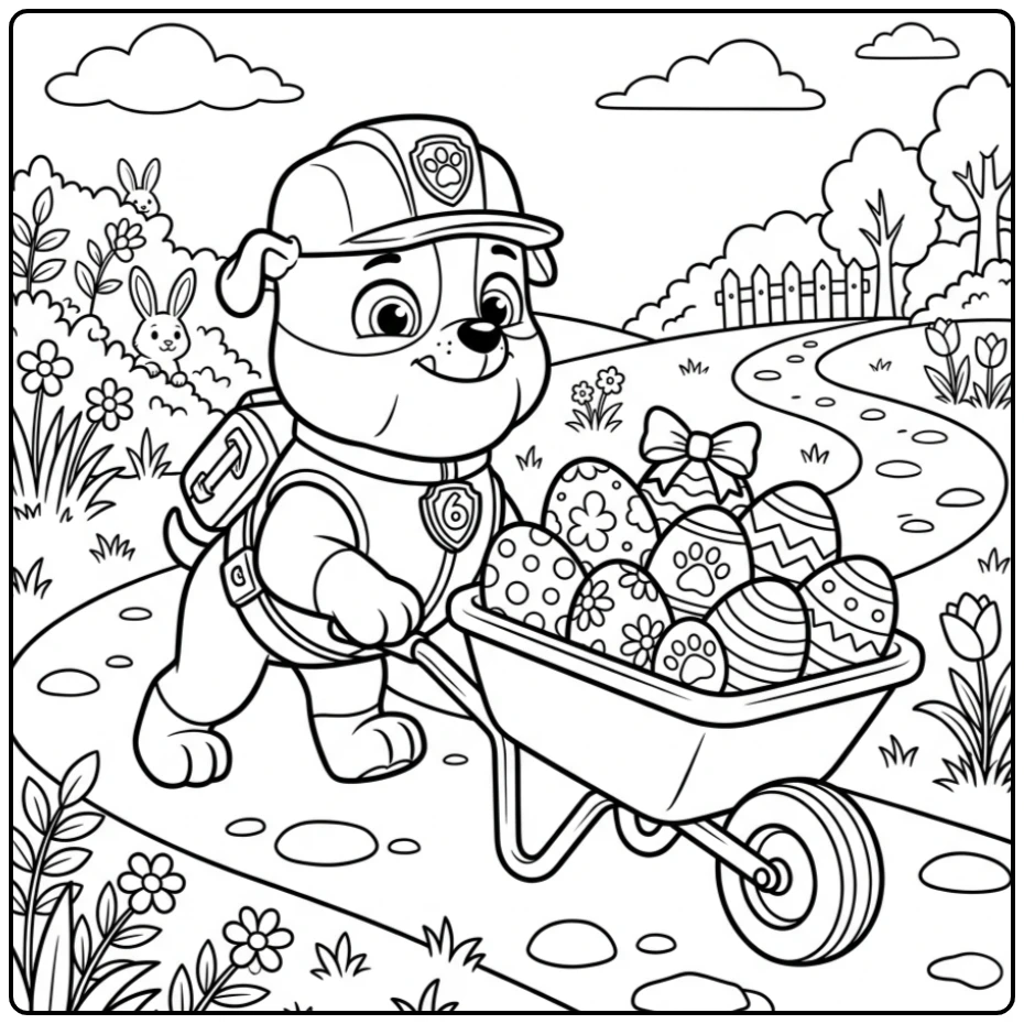 Rubble vrolijk met kleurplaat paw patrol pasen en paaseieren.