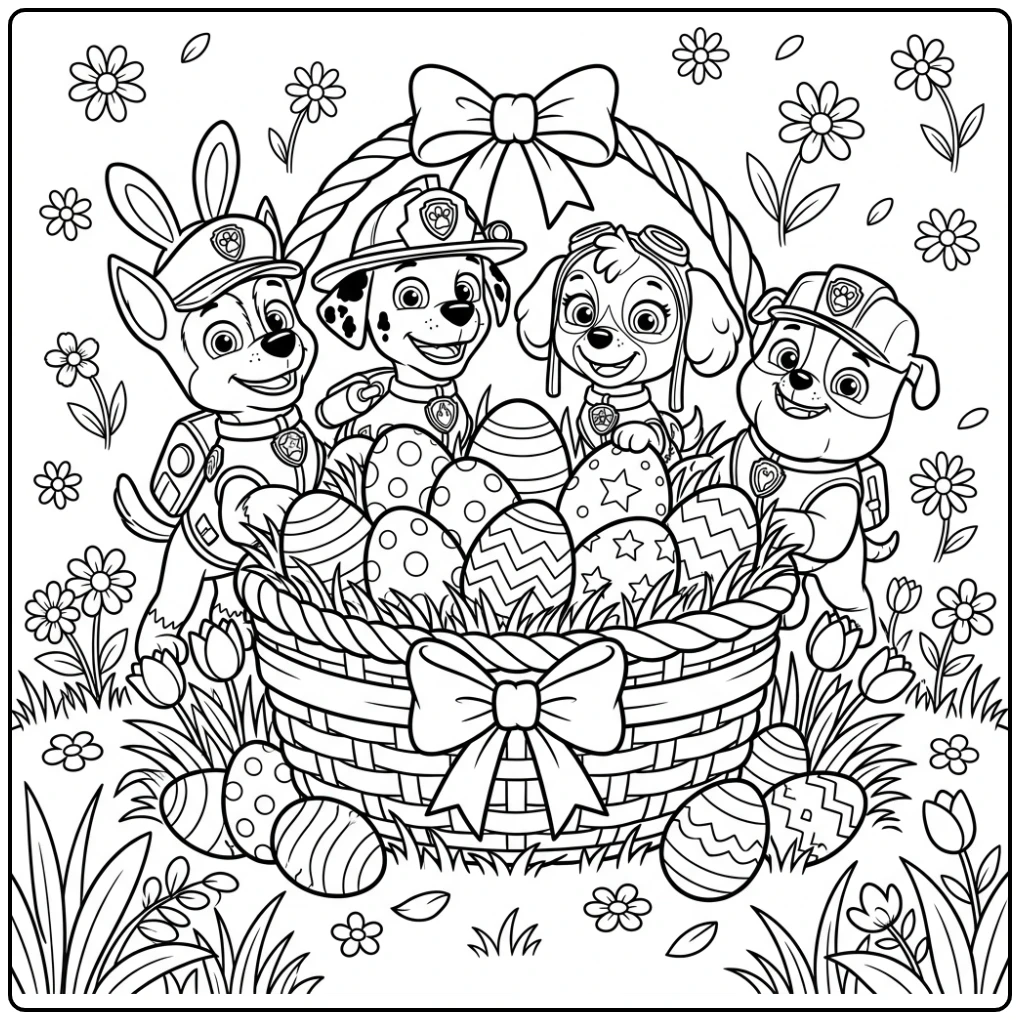 Vrolijke kleurplaat paw patrol pasen: pups verstoppen zich achter paasmand.