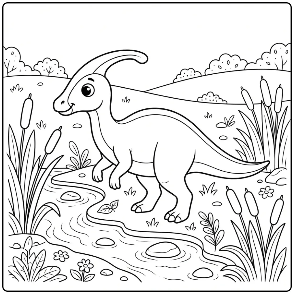 Leuke dino kleurplaat met een Parasaurolophus bij het water