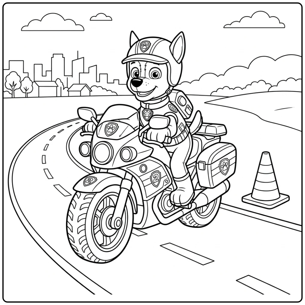 Chase op zijn politiemotor in een rustige patrol moto pups paw patrol moto pups kleurplaat.