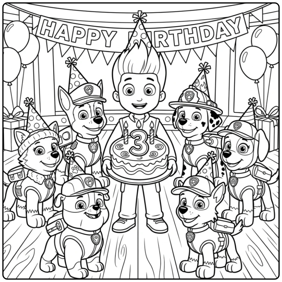 Ryder en pups vieren feest met kleurplaat paw patrol 3 verjaardag.